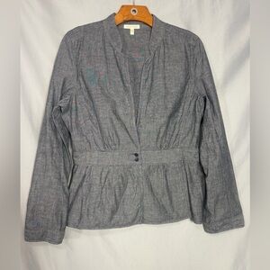 Eileen Fisher Cotton Chambray Stand Collar Peplum Jacket Office Gray Coat Sz S